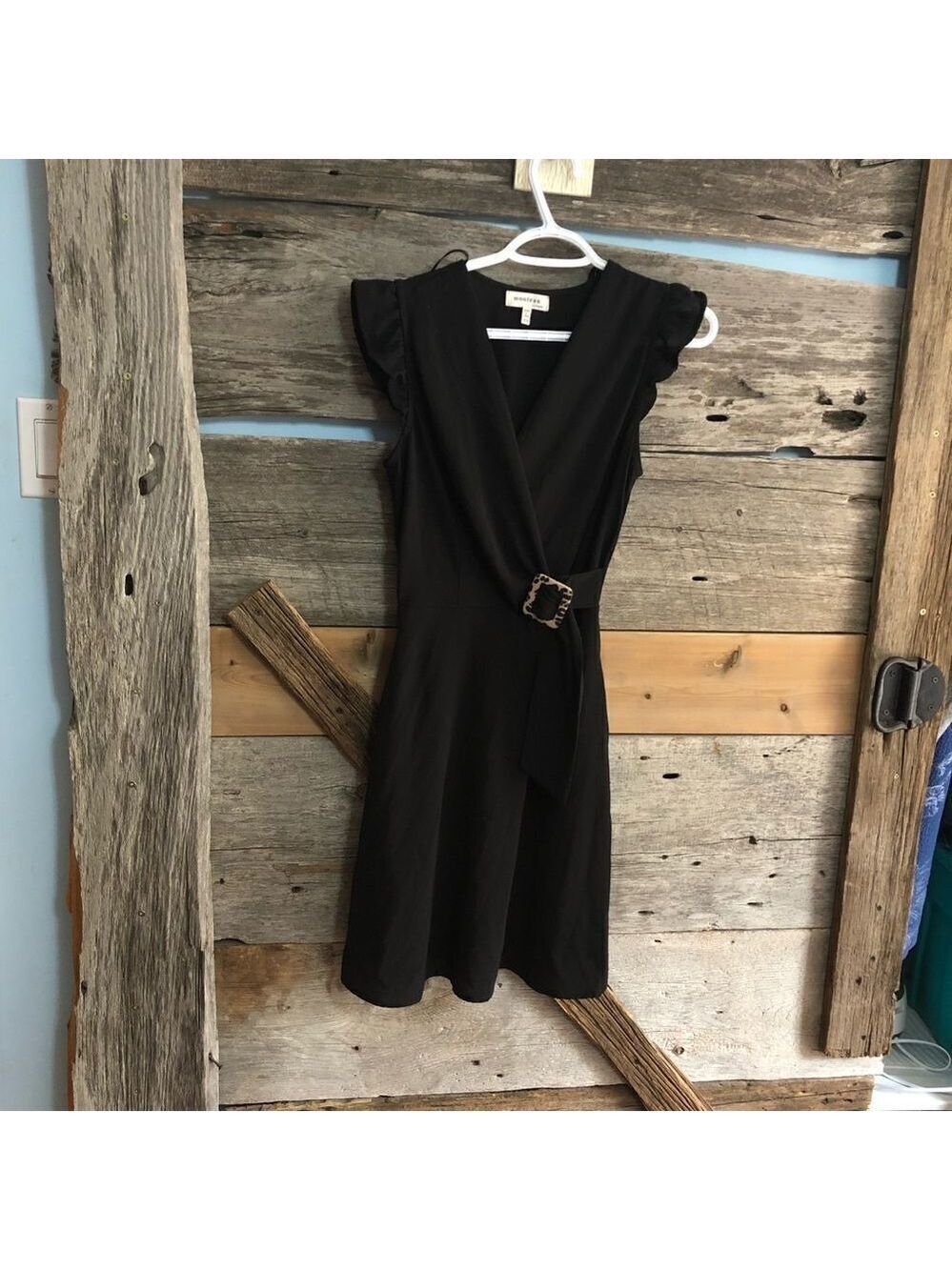 Monteau Size XS Black Faux Wrap Dress With Leopard Print Buckle